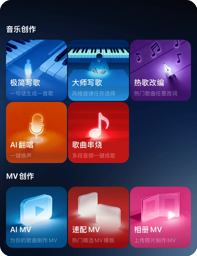 AI 音乐项目功能截图，展示音乐创作和 MV 创作入口