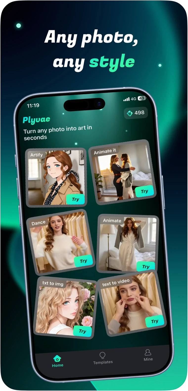 Plyuae 海外 AI 工具 App Store 商店图，展示 Any photo, any style